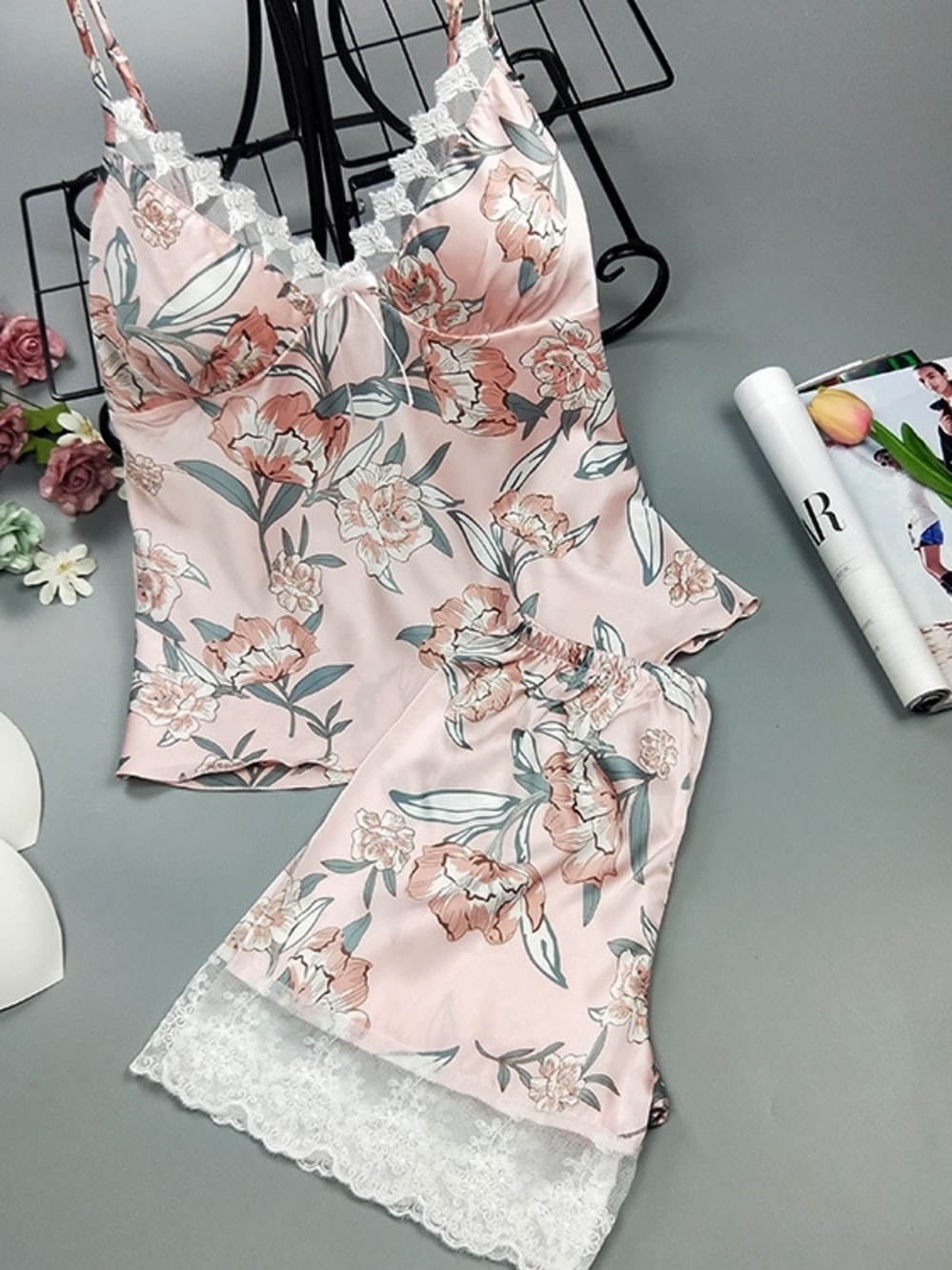 Floral Lace-Trim Satin Pajama Set - Blush Pink